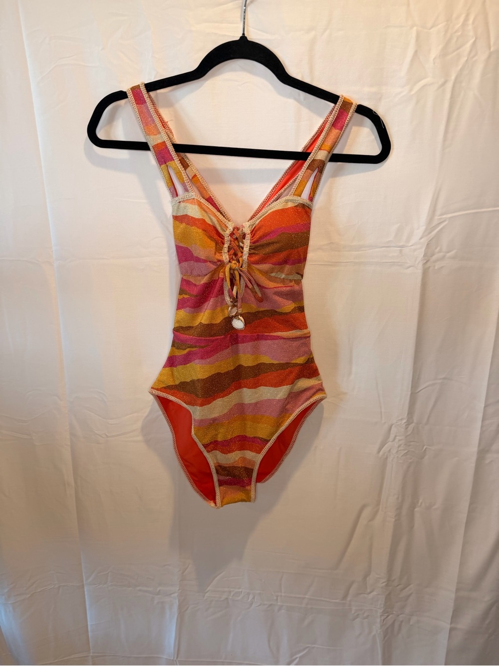 BECCA Striped Lace-Up One-Piece Swimsuit - Pink, Orange, Yellow